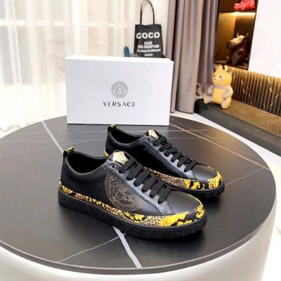 2021 Fashion Versace Yellow Printing Edging Classic Medusa Pattern Black Calfskin Leather Lace-up Sneakers Online