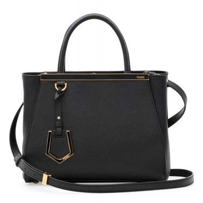 Chic Fendi Ladies 2Jours Black Leather Petite Trapeze Bag Top Handle Yellow Gold Hardware  