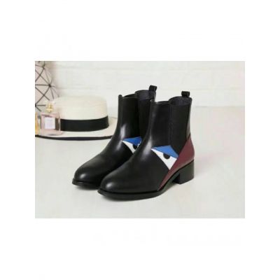 Fendi Coolest Bugs Eyes Pattern Black-Red Calfskin Leather Patchwork Ladies  Ankle Boots  