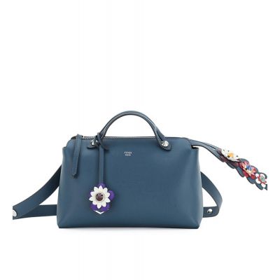 Fendi Colorful Appliquéd Navy Leather By The Way Boston Bag Flower Charm Silver Zipper For Girls 