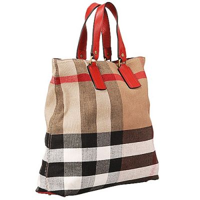 Best Burberry Womens Medium Canvas Check  Tote Bag Red Handle