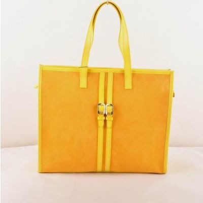 Fendi Top Handle Leather Belt Trimming Ladies Yellow Suede Leather Shoulder Bag 2-Tone Double F Buckle 