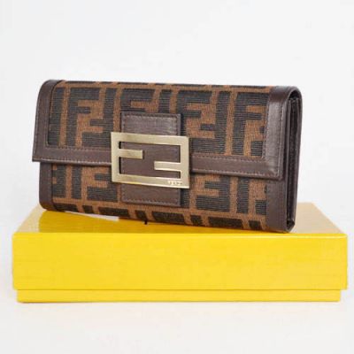 Fendi Coffee Leather & F Fabric Logo Buckle Female Long Flap Wallet Two Compartments With Zipper  