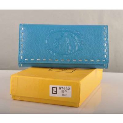  Fendi Horse Stamped Many Card Slots Ladies Light Blue Calfskin Leather Long Flap Wallet 