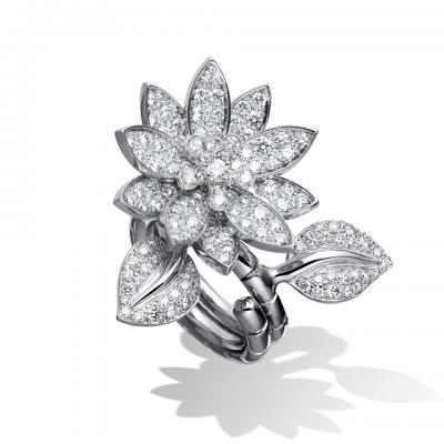 Van Cleef & Arpels Lotus Between The Finger Ring Diamonds Flowers Sterling Silver VCARA11900