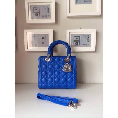 Dior Lady Default Totes Lambskin Leather Cannage Quilted  Shoulder Bag Medium Blue 