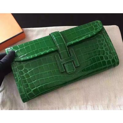 2017 New Hermes Jige Ladies Long Green Crocodile Flap Clutch Bag H Leather Loop 