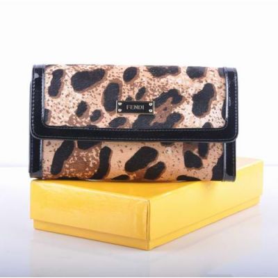 Imitation Fendi Leopard Pattern Horsehair Leather With Black Patent Leather Lining Women's Long Flap Wallet 