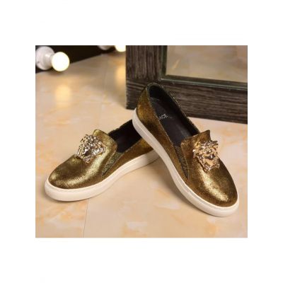 Shining Versace Palazzo Golden Calfskin Leather Slip-on Medusa Loafers With Golden Powder For Girls 