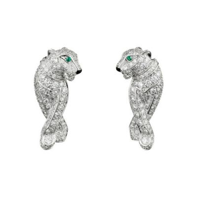 2021 New Style Cartier Panthère de Cartier Emeralds Eyes Ladies  Paved Diamonds Hoop Earrings For Sale Replica