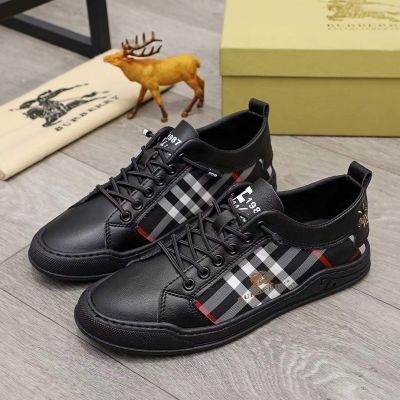 High Quality Burberry Logo Pattern Bee Embroidery Detail Check Motif Black Leather Patchwork Lace-up Sneakers For Men