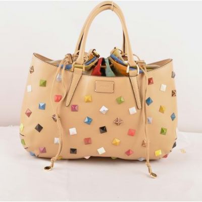 Fendi B Fab Multicolor Studs Curved Top Apricot Ferrari Leather Large Tote Bag For Womens  
