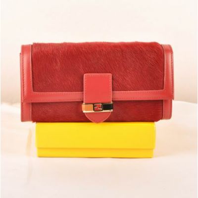 Women's Narrow Leather Belt Two-Tone Long Loop Many Card Slots Red Horsehair Leather Long Flap Wallet 