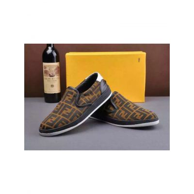 Low Price Fendi Double "F" Printed Mens Leather Detail Brown Fabric Slip-on Leisuer Loafers 