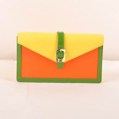 Imitation Fendi Yellow-Orange Original Leather Long Flap Wallet Wallet Green Patent Leather Belt & Edge 