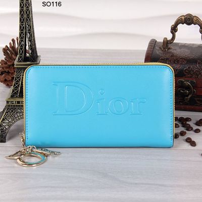 Fashion Sky Blue Dior Smooth Leather Ladies Wallet Yellow Zipper Fabric Golden Pendant Online 