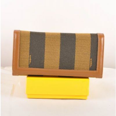 Fendi Earth Yellow Leather Edge Striped Fabric Long Flap Many Card Slots Wallet For Womens 