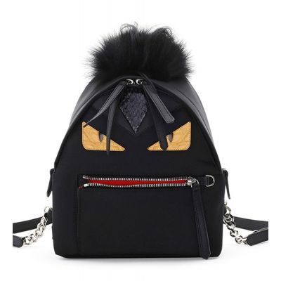Fendi Bugs Eyes Colorful  Leather Trimming Double Pull Zipper Ladies Black Backpack Mini For Sale 