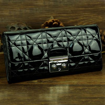 Fashion Dior " Lady Dior" Long Black Patent Leather Flap Cannage Quilted Wallet Silver Buckle 