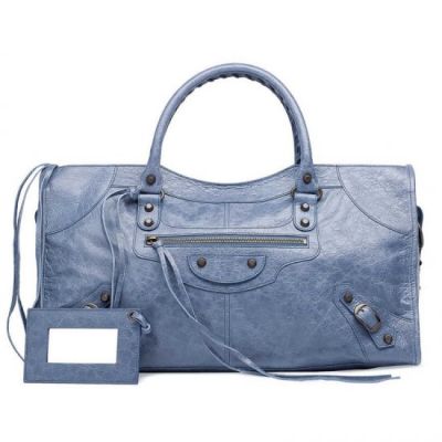 Balenciaga Classic Part Time Aged Brass Studs Leather Tassel Womens Buckle Trimming Handbag Blue  
