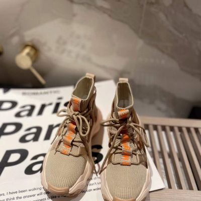 Spring Fashion Celine Female Leisure Style Fabric Knit Lace-up Women's High-Top Moccasins  Sneakers Beige/Black