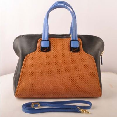 Women's Fendi Blue Handle Earth Yellow & Black Leather Perforated Double Pull Zipper Tote Bag  