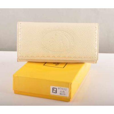 Fendi Two Compartments Horse Pattern Ladies White Calfskin Leather Long Flap Wallet For Sale 