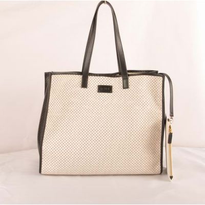 Women's Top Sale Fendi White-Black Leather Perforated Shopping Tote Bag With Zipper Purse Replica 