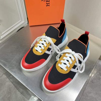 Hermes Best Classic H Pattern High End Cow Leather & Tennis Colorblock Male Patchwork Lace-up Sneakers   