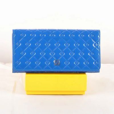 Fashion Fendi Double F Buckle Zipper Coin Purse Female Blue Patent Leather Long Cannage Quilted Wallet 