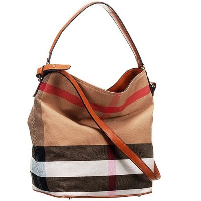 Fake Burberry Ashby Brown Leather Strap Ladies Canvas Check Hobo Bag 