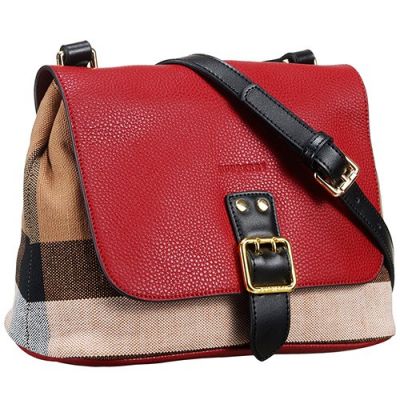 Burberry Canvas Check Red Grained Leather Bag Black Strap Low Price