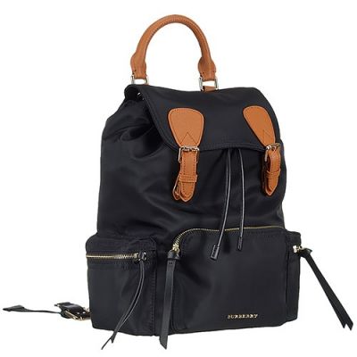 Burberry Rucksack 40148791 Unisex Tan Leather-Trimed Black Nylon Backpack