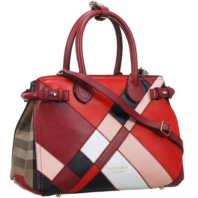 Burberry Banner Womens Patchwork Color Leather Crossbody Bag Dark Red Handle 