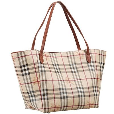 Burberry AAA Female Haymarket Check Tote Bag Brown Leather Handle Shopping 