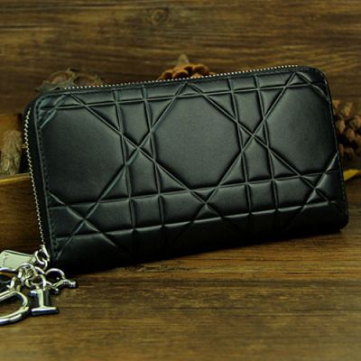 Dior "Lady Dior" Black Leather Silver Zip Around Escapade Wallet For Womens Price List 