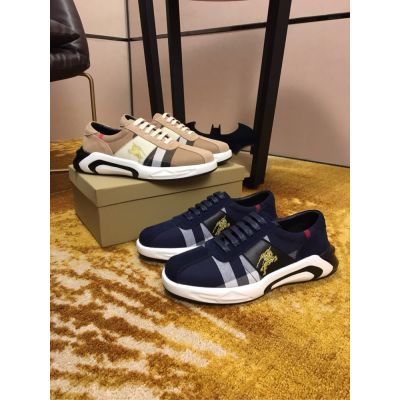 Men's Retro Burberry Gold Logo Embroidery Detail House Check & Leather Low-top Sneakers Blue/Gray