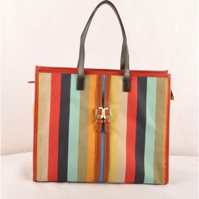 Fendi Brass Buckle & Earth Yellow Leather Trimming Ladies Multicolor Fabric Striped Totes For Shopping  
