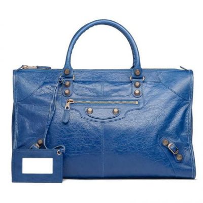 Balenciaga Giant 12 Bleu Cobalt Yellow Gold Studs Ladies High End Work Leather Tote Bag 