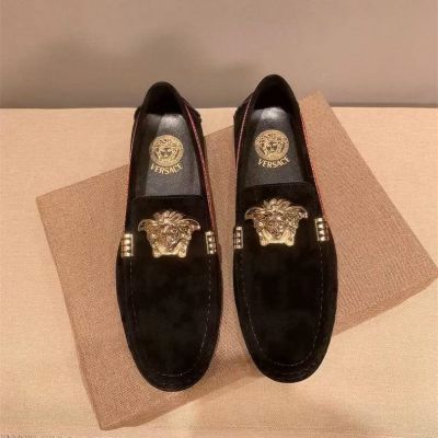  2021 Low Price Versace Golden Motif Greca & Medusa Detail Black Suede Leather Moccasins Men's Loafers 