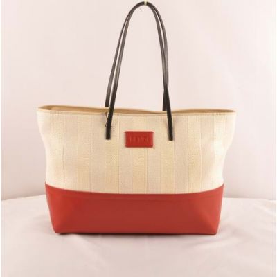 Latest Fendi Red Leather With Beige Striped Linen Slim Handle Zipper Totes For Womens  