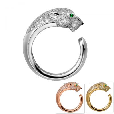 Panthere de Cartier Diamonds Ring N4225000 Open Design Green Gemstone Eyes Pink/White/Yellow Gold 