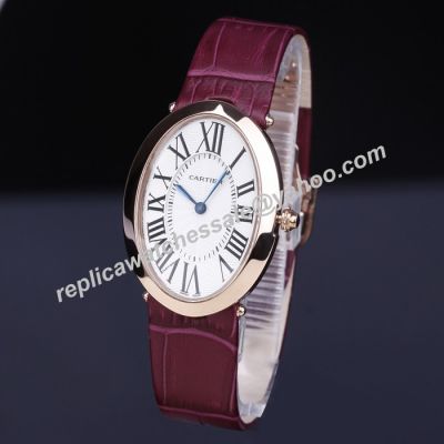 Cartier Baignoire W8000013 Rose Gold Oval Case Plum Leather Strap Quartz Watch  