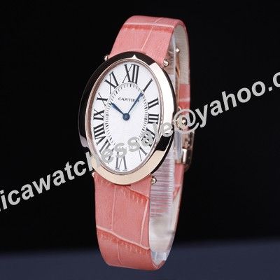 Ladies Cartier Baignoire Gold Bezel White Roman Face Pink Leather Strap Quartz Watch