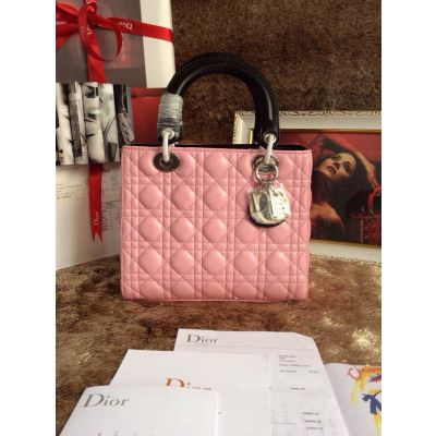 Pink Canange Dior Leather Totes Black Handle & Strap "Lady Dior" Handbag Silver Zipper For Sale 