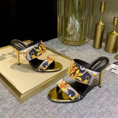 Versace Hot Selling Female Fashion Printing 10CM Golden High Heel Best Quality Cow Leather Sandals Online