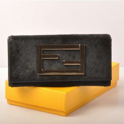 Romantic Fendi Double F Golden Snap Button Black Horsehair Leather Female Long Flap  Wallet 