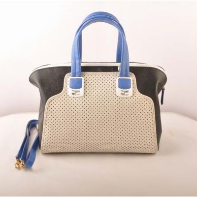 Fendi Womens Blue Top Handle Silver Buckle White-Black Leather Perforated Chameleon Shoulder Bag