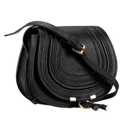 Women's Black Textured- Leather Chloe Marcie Style Shoulder Bag Gold Hardware 3S0905-161-001