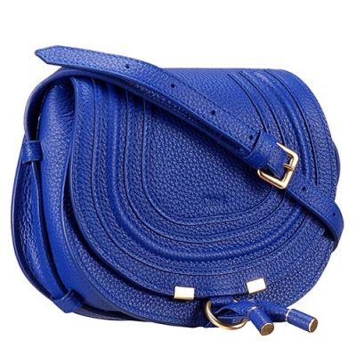 Chloe Marcie Small Blue Grained Leather Womens Shoulder Bag Flap 